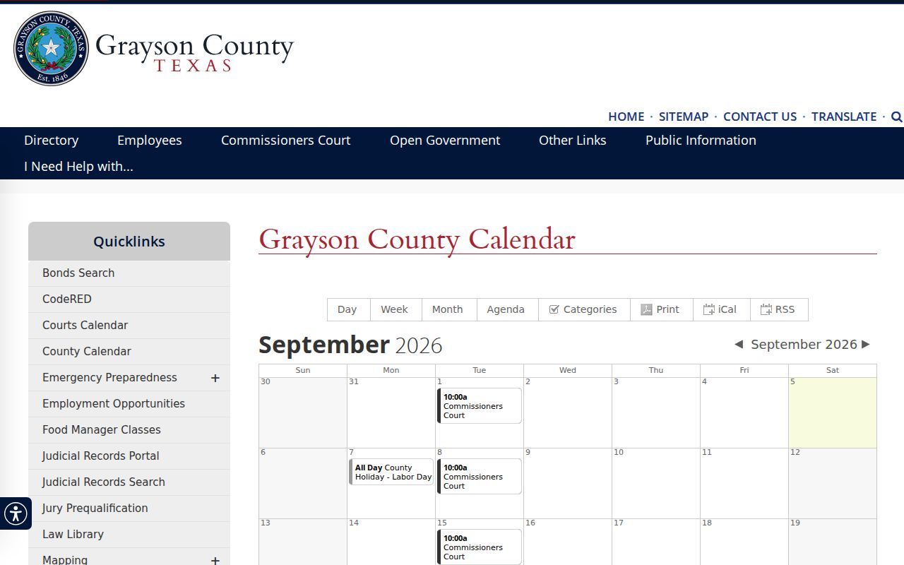 Grayson County court date research showing administrative calendar controls