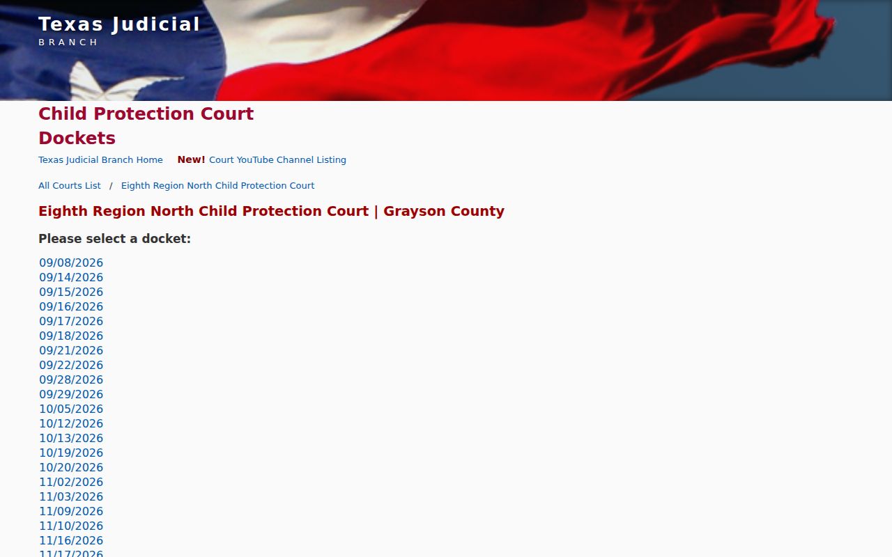 Grayson County court dates in the child-protection date selector