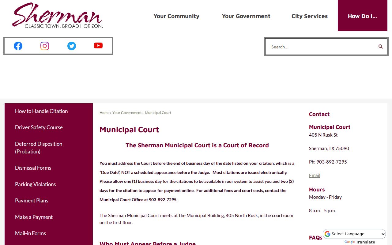 Sherman Municipal Court docket links and Court of Record information