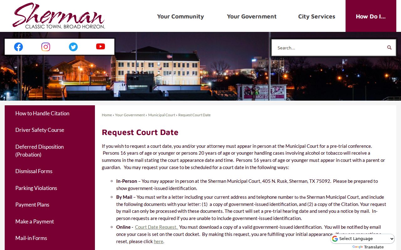 Sherman court date request identification and submission channels